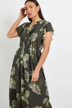 Robe Longue À Plis Nervurés Imprimé Palmier
