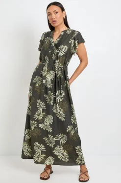 Robe Longue À Plis Nervurés Imprimé Palmier