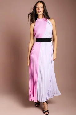 Robe Longue Plissée À Blocs De Couleurs Avec Ceinture Contrastante