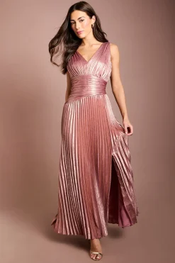 Robe Longue Plissée À Col V Avec Détail Ceinturé À La Taille Et Fente