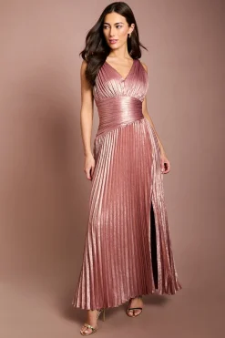 Robe Longue Plissée À Col V Avec Détail Ceinturé À La Taille Et Fente