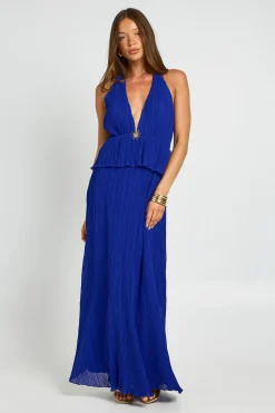 Robe Longue Plissée À Décolleté Plongeant Et Finitions Dorées