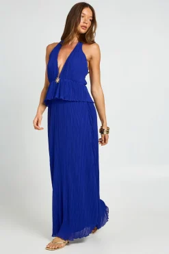 Robe Longue Plissée À Décolleté Plongeant Et Finitions Dorées
