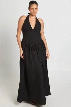 boohoo Robe Longue Plissée Grande Taille En Popeline De Coton Avec Encolure Dos-nu<Femme Robes|Robes Dos Nu
