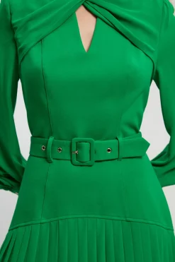 Robe Longue Plissée à Manches Ballon et Détail Ajouré en Mélange Ponte et Georgette