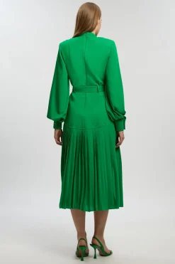 Robe Longue Plissée à Manches Ballon et Détail Ajouré en Mélange Ponte et Georgette