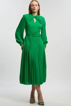 Robe Longue Plissée à Manches Ballon et Détail Ajouré en Mélange Ponte et Georgette