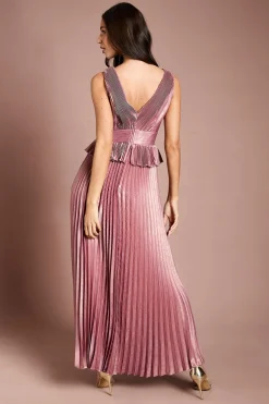 Robe Longue Plissée Métallisée Sans Manches Avec Basque