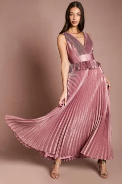 Robe Longue Plissée Métallisée Sans Manches Avec Basque