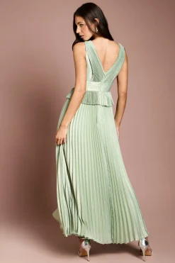 Robe Longue Plissée Métallisée Sans Manches Avec Basque