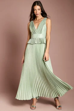 Robe Longue Plissée Métallisée Sans Manches Avec Basque