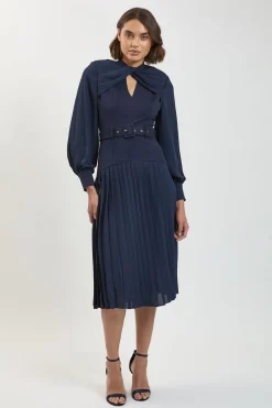 KarenMillen Robe Longue Plissée Petite Taille en Mélange Ponte et Georgette avec Manches Ballon et Détail Découpé<Femme Toutes Les Robes|Robes Longues