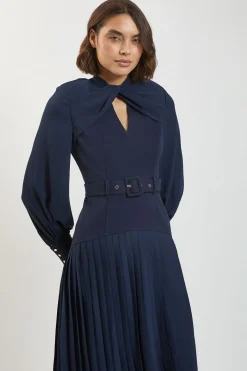 KarenMillen Robe Longue Plissée Petite Taille en Mélange Ponte et Georgette avec Manches Ballon et Détail Découpé<Femme Toutes Les Robes|Robes Longues