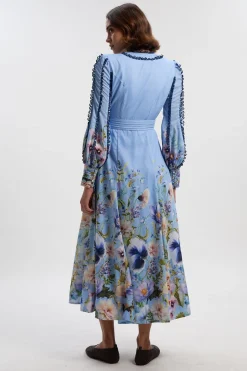 Robe Longue Plongeante Tissée à Motif Floral Traînant