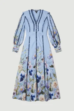 Robe Longue Plongeante Tissée à Motif Floral Traînant