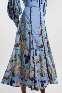 Robe Longue Plongeante Tissée à Motif Floral Traînant