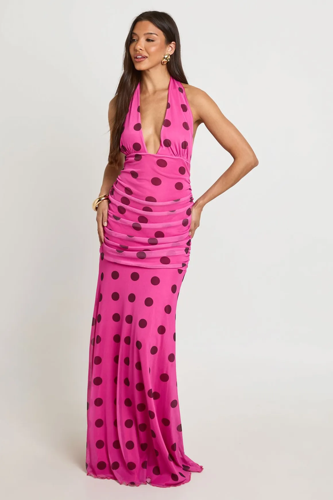Robe Longue À Pois Ton Sur Ton Avec Taille Froncée