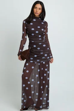 Robe Longue À Pois Ton Sur Ton Avec Buste Froncé