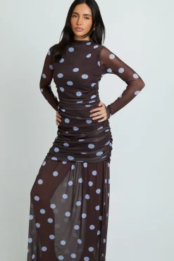 Robe Longue À Pois Ton Sur Ton Avec Buste Froncé