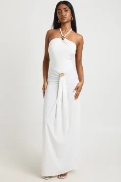 boohoo Robe Longue Près Du Corps À Col Licou Avec Détail Doré Et Fronces Sur Le Devant<Femme Robes|Robes De Soirée