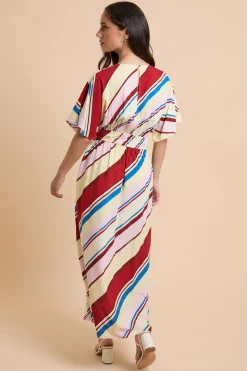 Robe Longue À Rayures Avec Manches Cape Et Décolleté Plongeant En V