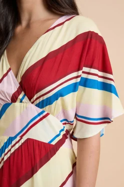 Robe Longue À Rayures Avec Manches Cape Et Décolleté Plongeant En V