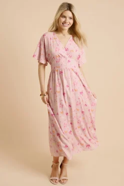 Robe Longue Rose À Col Plongeant En V Et Manches Cape Motif Fleuri Ditsy