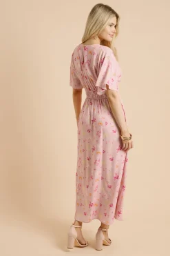 Robe Longue Rose À Col Plongeant En V Et Manches Cape Motif Fleuri Ditsy