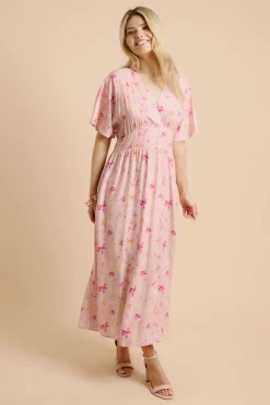 Robe Longue Rose À Col Plongeant En V Et Manches Cape Motif Fleuri Ditsy