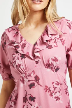 Robe Longue Rose À Imprimé Floral Avec Col À Volants Et Manches Bouffantes