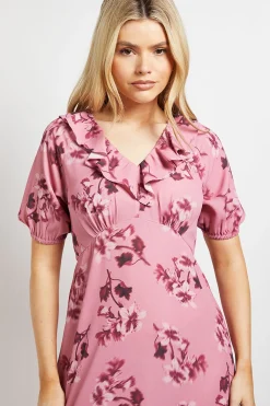 Robe Longue Rose À Imprimé Floral Avec Col À Volants Et Manches Bouffantes