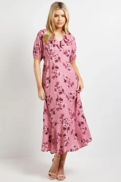 Robe Longue Rose À Imprimé Floral Avec Col À Volants Et Manches Bouffantes