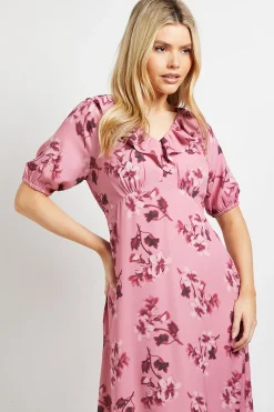 Robe Longue Rose À Imprimé Floral Avec Col À Volants Et Manches Bouffantes