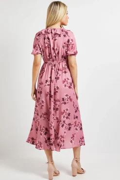 Robe Longue Rose À Imprimé Floral Avec Col À Volants Et Manches Bouffantes