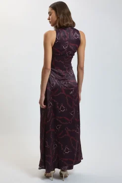 Robe Longue Sans Manches En Satin De Viscose Imprimé Chaîne Petite Taille