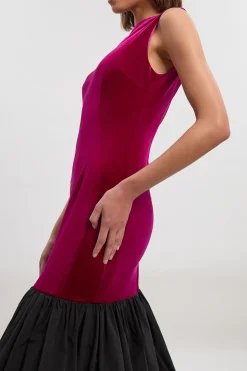 Robe Longue Sans Manches en Velours avec Taille Basse en Taffetas
