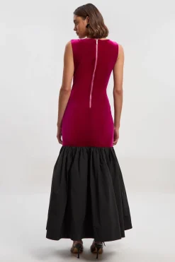 Robe Longue Sans Manches en Velours avec Taille Basse en Taffetas