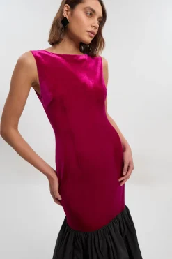 Robe Longue Sans Manches en Velours avec Taille Basse en Taffetas
