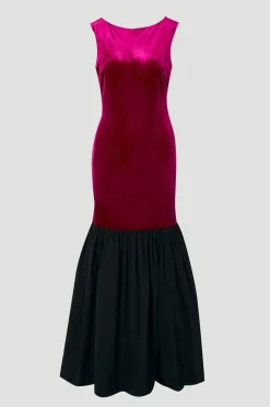 Robe Longue Sans Manches en Velours avec Taille Basse en Taffetas