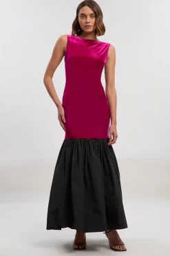 Robe Longue Sans Manches en Velours avec Taille Basse en Taffetas