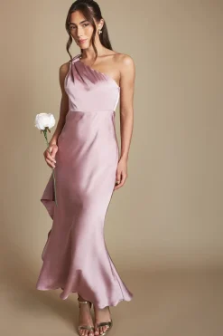 Robe Longue Satinée Asymétrique Petite Taille Pour Demoiselle D'honneur Avec Finition Dorée