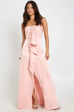 Robe Longue Satinée À Buste Froncé Et Drapé Frontal