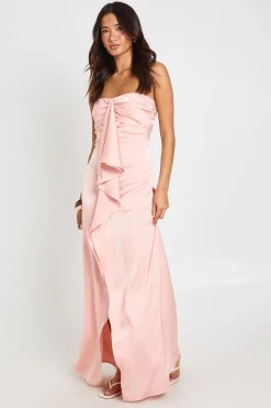 Robe Longue Satinée À Buste Froncé Et Drapé Frontal