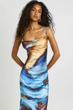Robe Longue Satinée À Col Bénitier Et Imprimé Abstrait Tonal