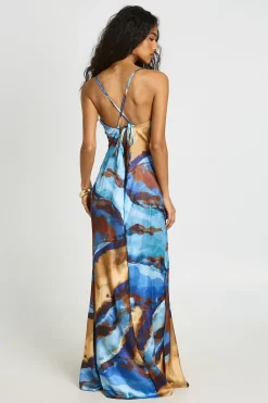 Robe Longue Satinée À Col Bénitier Et Imprimé Abstrait Tonal