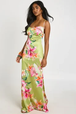Robe Longue Satinée À Col Bénitier Et Imprimé Floral