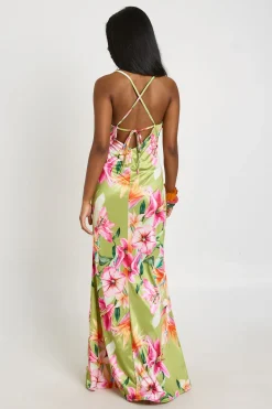 Robe Longue Satinée À Col Bénitier Et Imprimé Floral