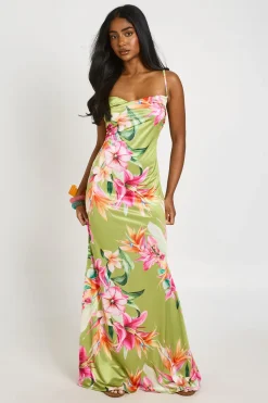 Robe Longue Satinée À Col Bénitier Et Imprimé Floral
