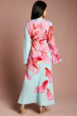 Robe Longue Satinée Col Montant à Manches Évasées Petite Taille