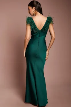 Robe Longue Satinée Col V Avec Détail Plumes Aux Épaules